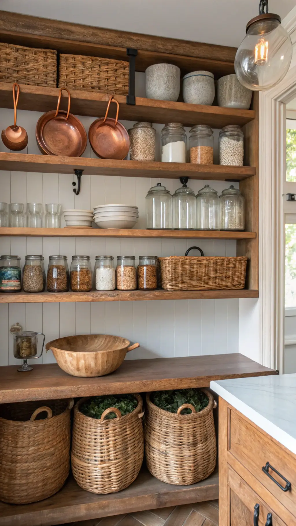 rustic kitchen pantry with open reclaimed wood shelving, vintage canning jars, woven baskets, earthenware crocks, copper measuring cups, morning light