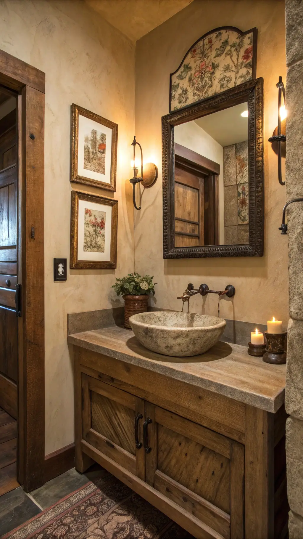 cozy powder room with reclaimed wood vanity, stone vessel sink, vintage brass mirror, wall-mounted faucet, textured plaster walls, botanical prints, warm lighting