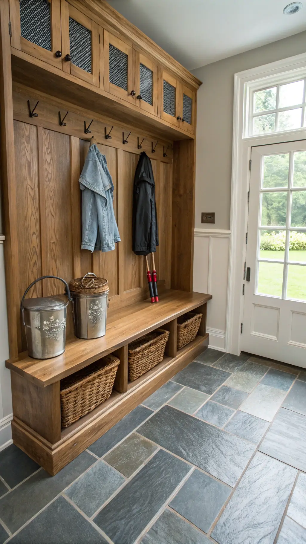 mudroom with weathered oak built-in bench, iron coat hooks, vintage zinc storage containers, slate tile flooring with runner, natural daylight, warm wood and blue color palette