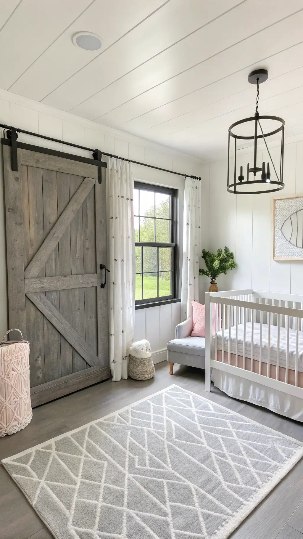 modern farmhouse nursery with gray sliding barn door, white walls, black metal windows, acrylic crib with linens, ghost chair, structured changing table, geometric rug, fresh greenery, and industrial pendant light