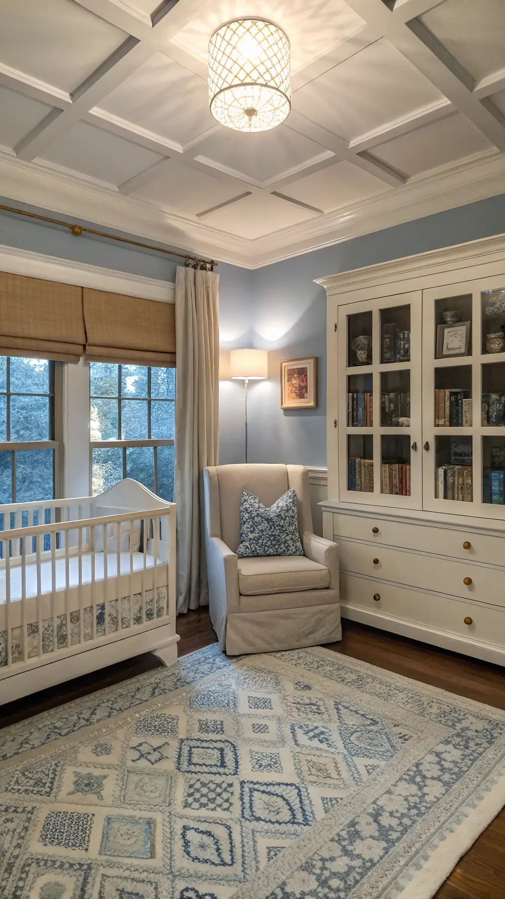 classic nursery with coffered ceiling, built-in bookcase, brass sconces, velvet nursing chair, white spindle crib, layered window treatments, vintage rug in soft blues and creams