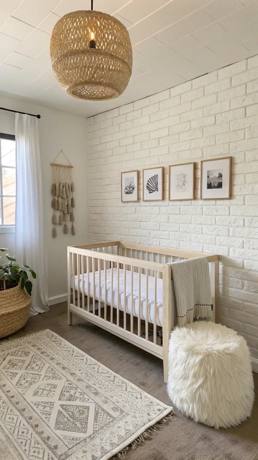 Scandinavian-inspired nursery with minimalist wooden crib, sheepskin throws, circle mobile, black and white photo gallery wall, painted brick walls, woven pendant light, soft pale colors