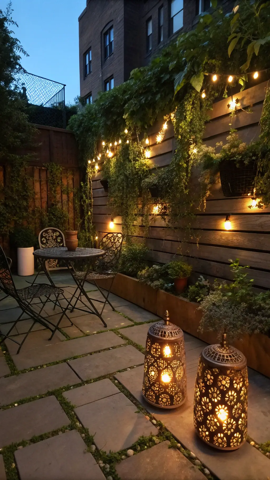 Cozy urban patio at dusk with vintage iron bistro furniture, twinkling fairy lights, a vertical garden wall with trailing ivy and ferns in copper pots, Moroccan lanterns casting intricate shadows, and natural stone flooring