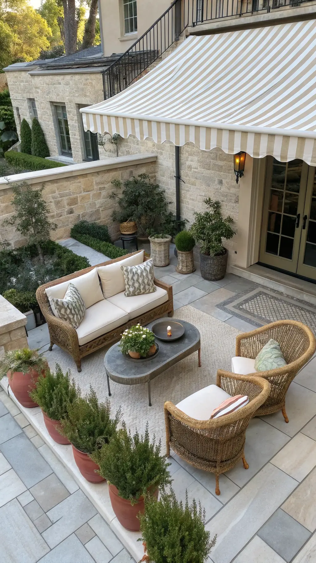 Morning view of a transitional patio with wicker chairs, concrete bench, brass tables, terracotta planters, and soft cream, taupe, and sage accents under a striped awning