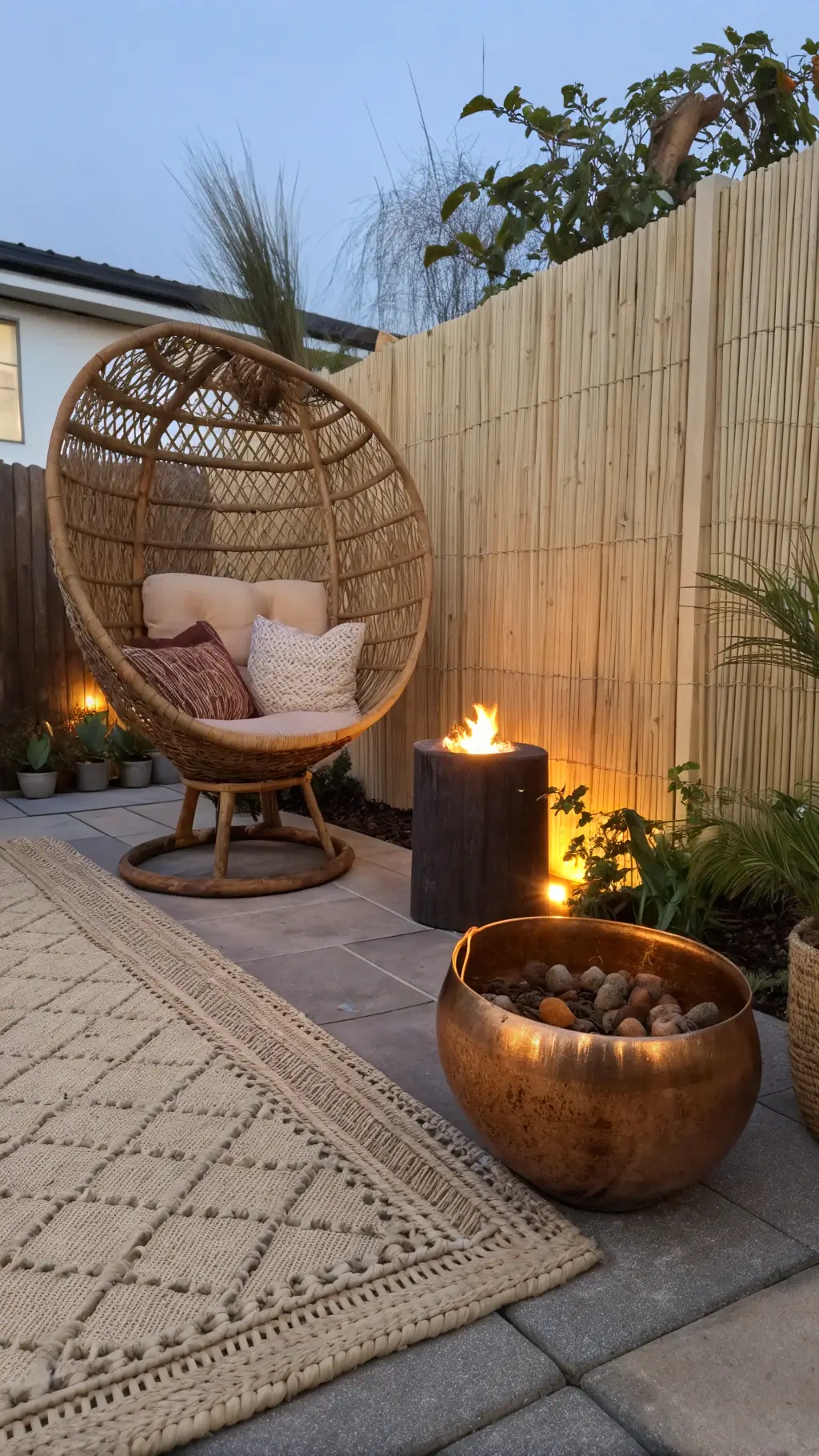Inviting twilight patio corner with a large rattan chair, bamboo privacy screen, jute rug on concrete pavers, copper fire bowl, and metallic planters with desert plants
