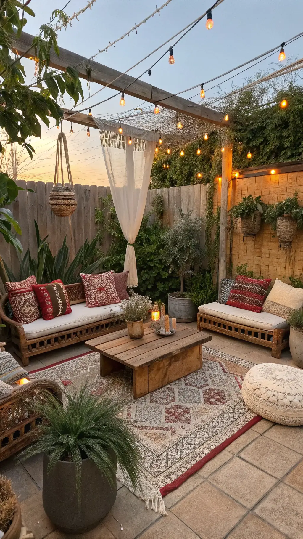 Bohemian garden patio at sunset with rattan seating, vintage patterned pillows, reclaimed wood coffee table, macramé plant hangers, pothos and string of pearls plants, Moroccan poufs, and warm ambient lighting