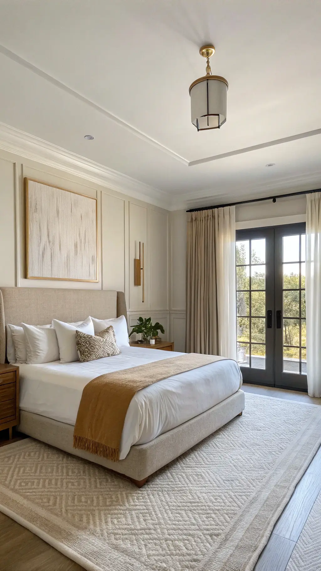 Minimalist guest room bathed in golden hour light featuring a California king bed with white linens and camel leather pillow, brass sconces, oversized abstract art on taupe grasscloth wall, floor-length linen drapes
