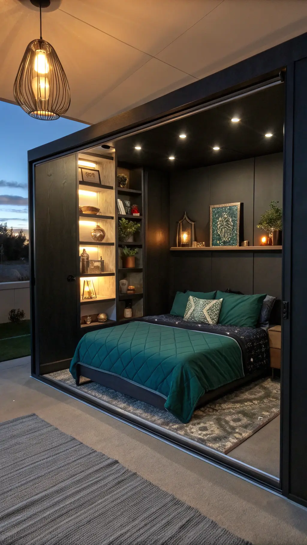 Luxurious compact guest room with matte black Murphy bed, integrated shelving, and warm pendant light captured at dusk with a mix of ambient artificial lighting
