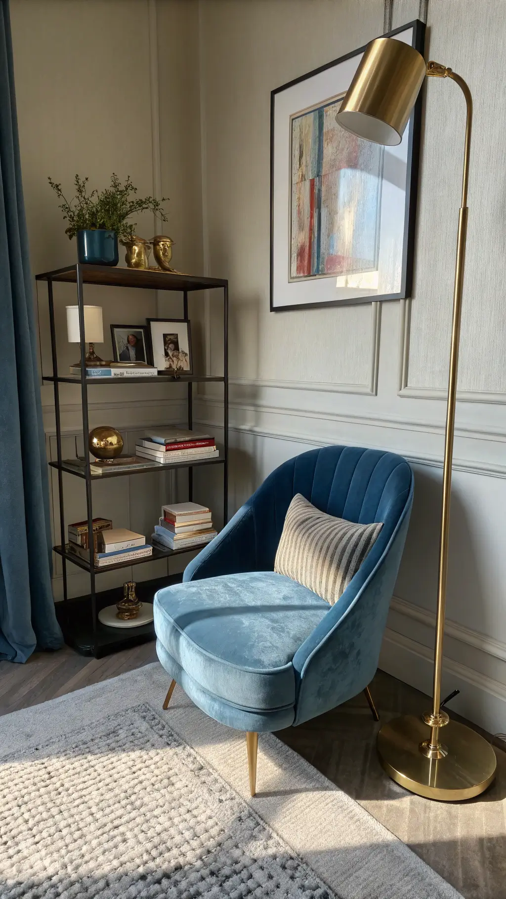 Boutique-style guest suite corner with steel blue velvet armchair, brass floor lamp, marble shelf, books and art objects on an ivory area rug illuminated by dramatic afternoon shadows