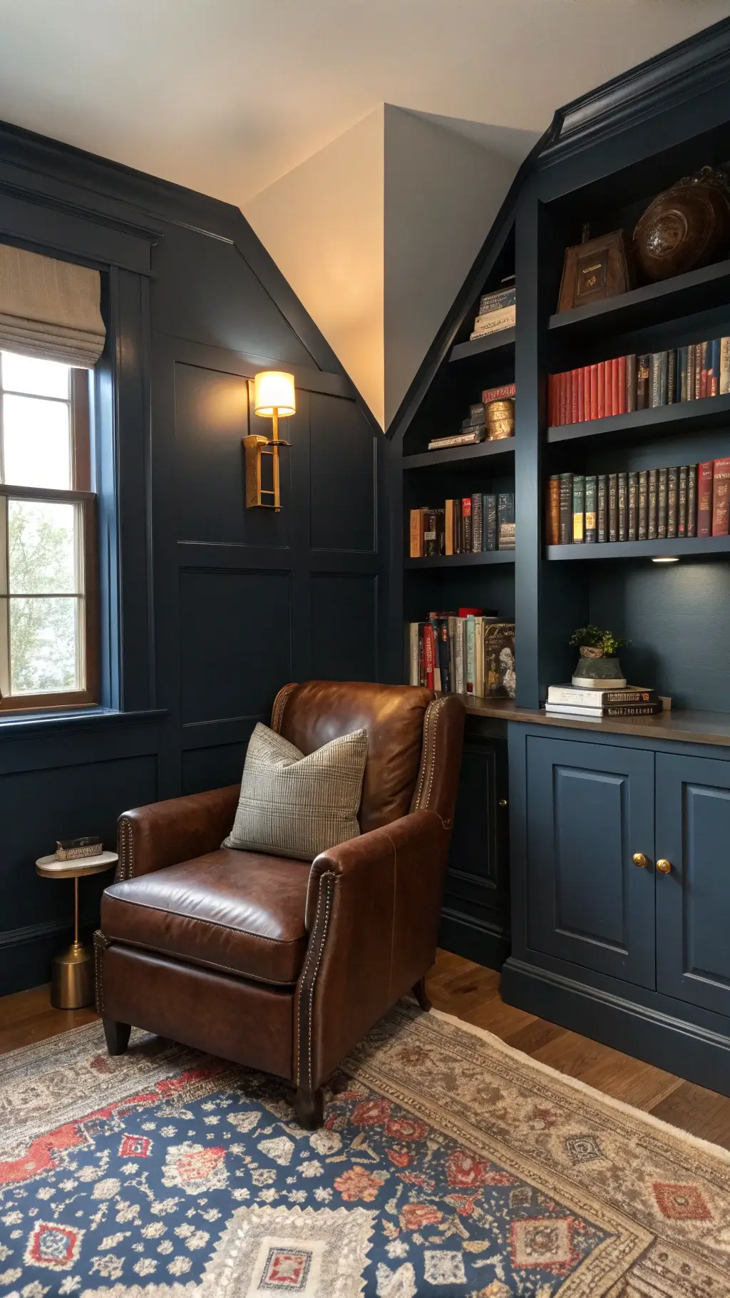 Sophisticated reading nook in guest room with oversized leather armchair between navy blue bookshelves, lit by a brass library sconce on vintage Persian rug at twilight