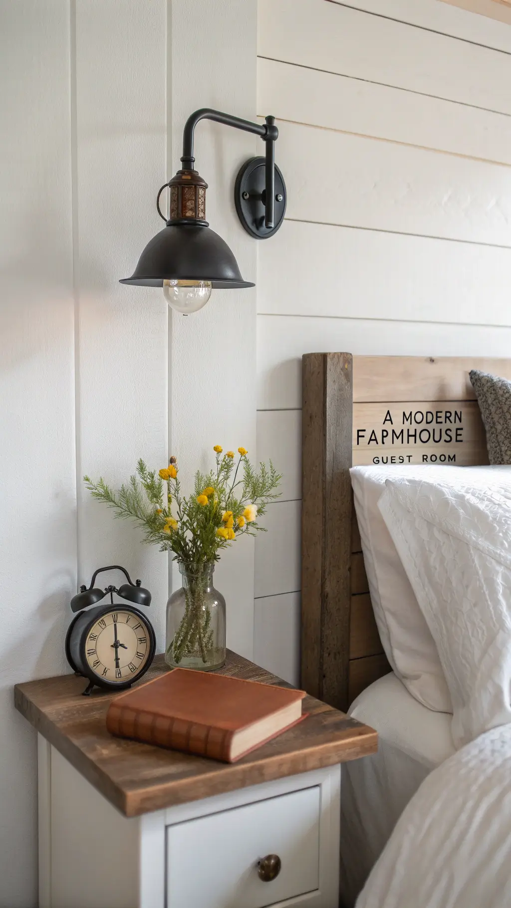 Detail shot of modern farmhouse guest room with black iron sconce, vintage alarm clock, vase of wildflowers, and book on raw edge floating shelf, whitewashed shiplap walls, linen bedding
