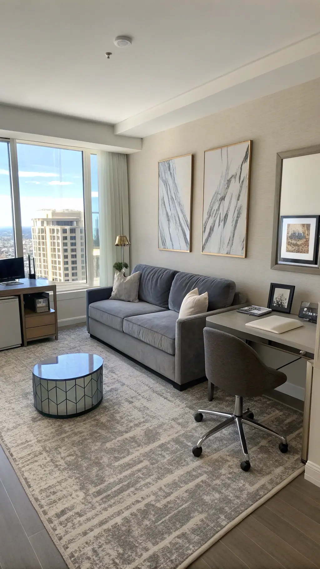 Bright, spacious multifunctional guest suite featuring seating area with gray velvet sofa bed, lucite coffee table, modern desk workspace, ergonomic chair, and large-scale abstract art near a floor mirror