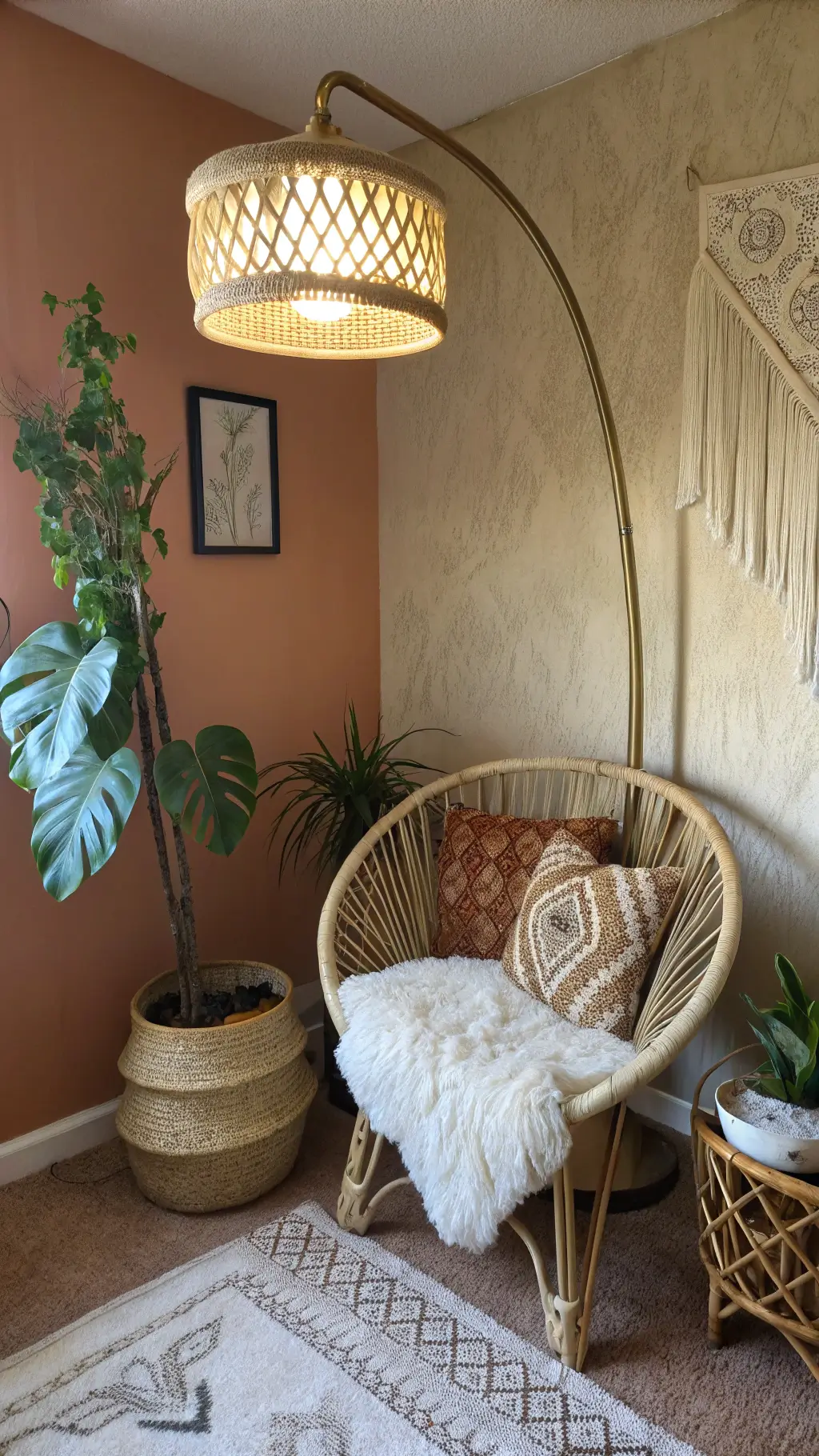Cozy bedroom corner with brass floor lamp, macramé shade, rattan chair, sheepskin, cushions, leafy plants, terracotta walls at dusk