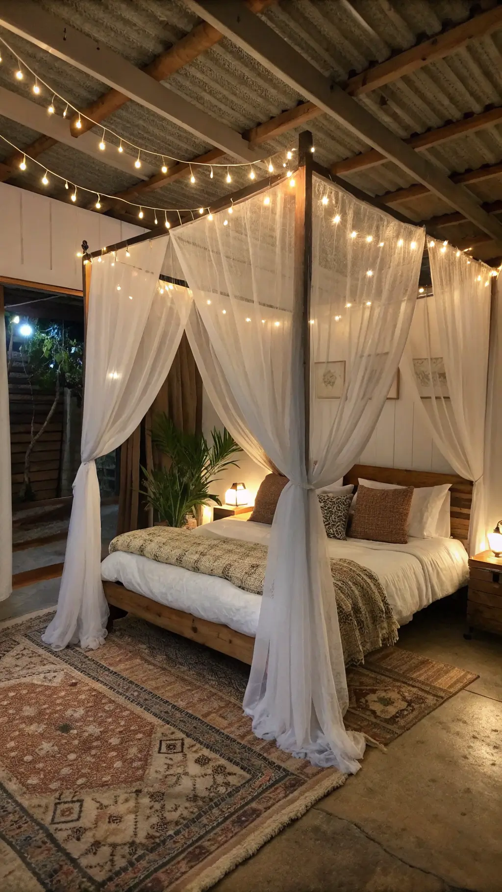Dreamy canopy bed with copper wire string lights, earth-toned linens, California king bed under exposed beam ceiling in soft evening light