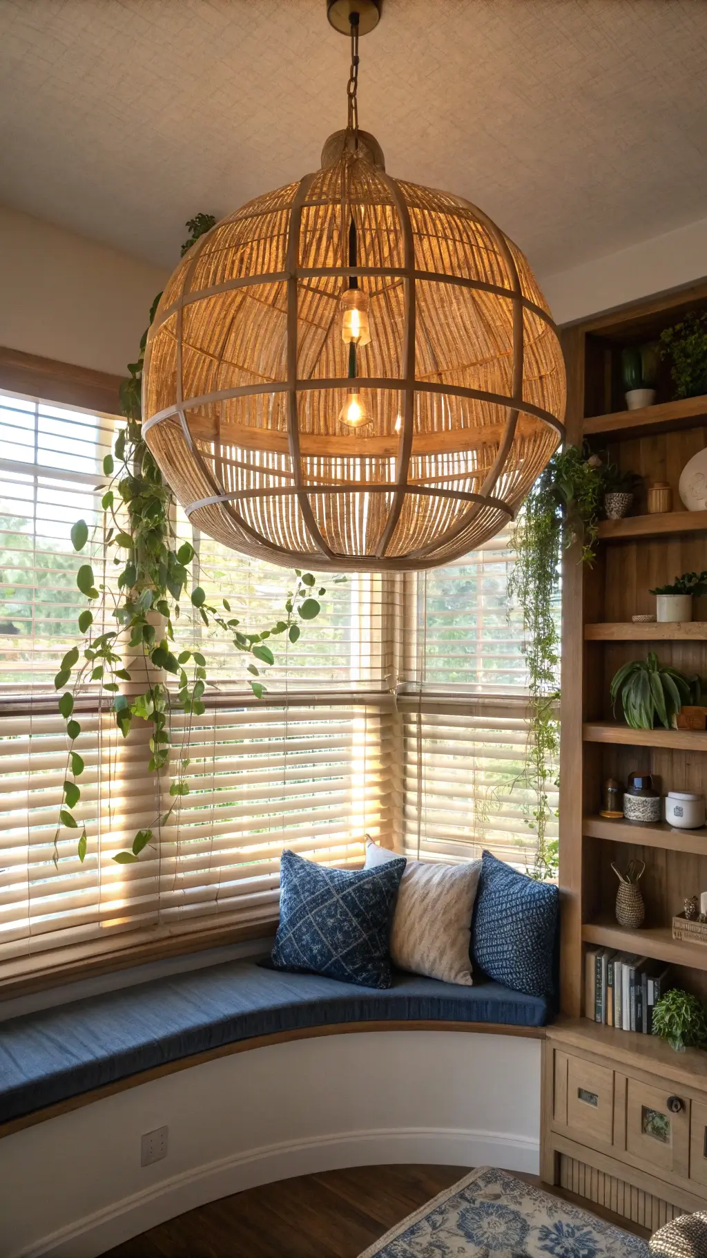 Bamboo chandelier with brass accents illuminating cozy reading nook with indigo mudcloth cushions, ceramics, trailing plants on floating shelves in afternoon light