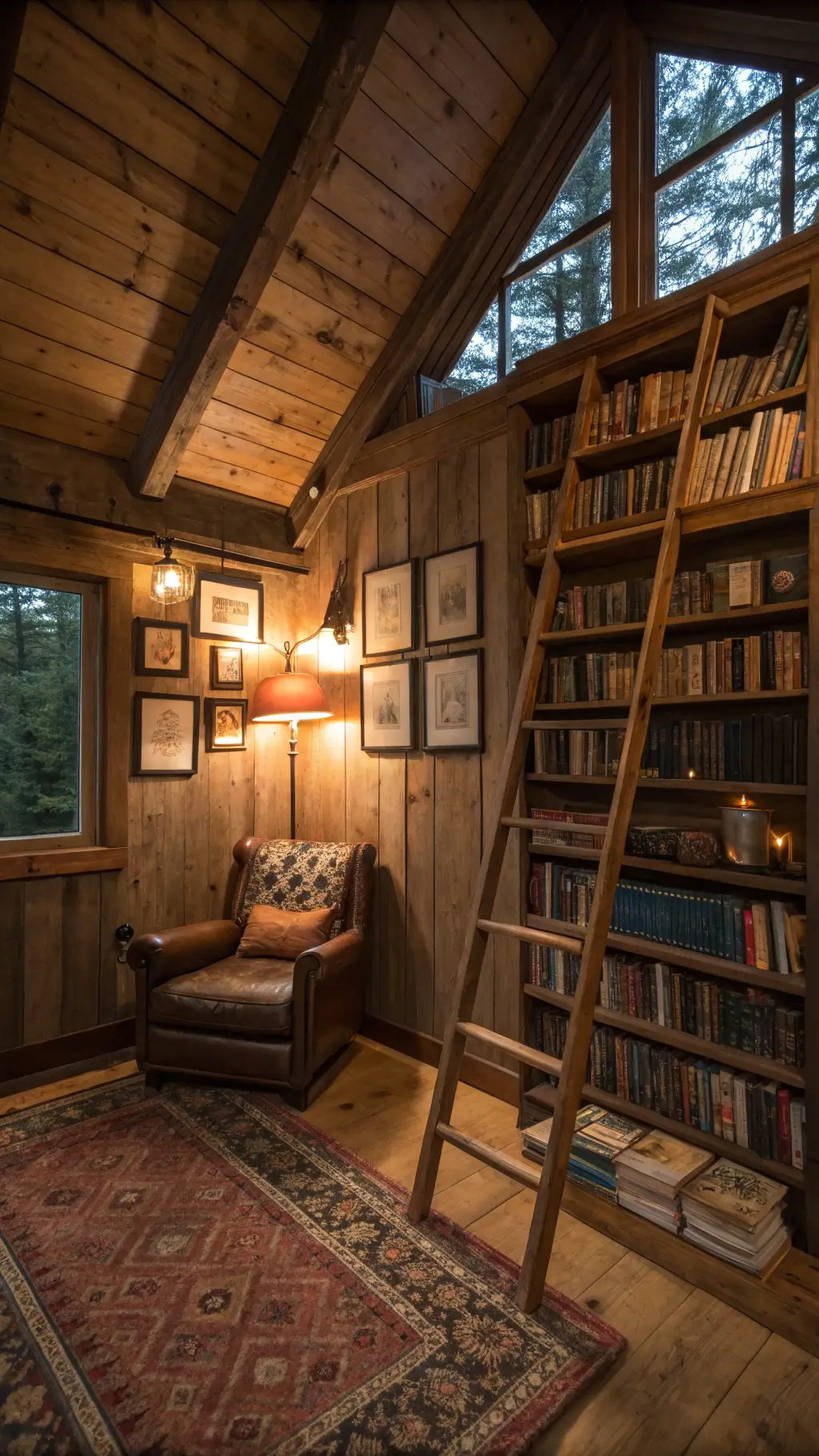 Cozy cabin nook with vintage furniture and warm lighting