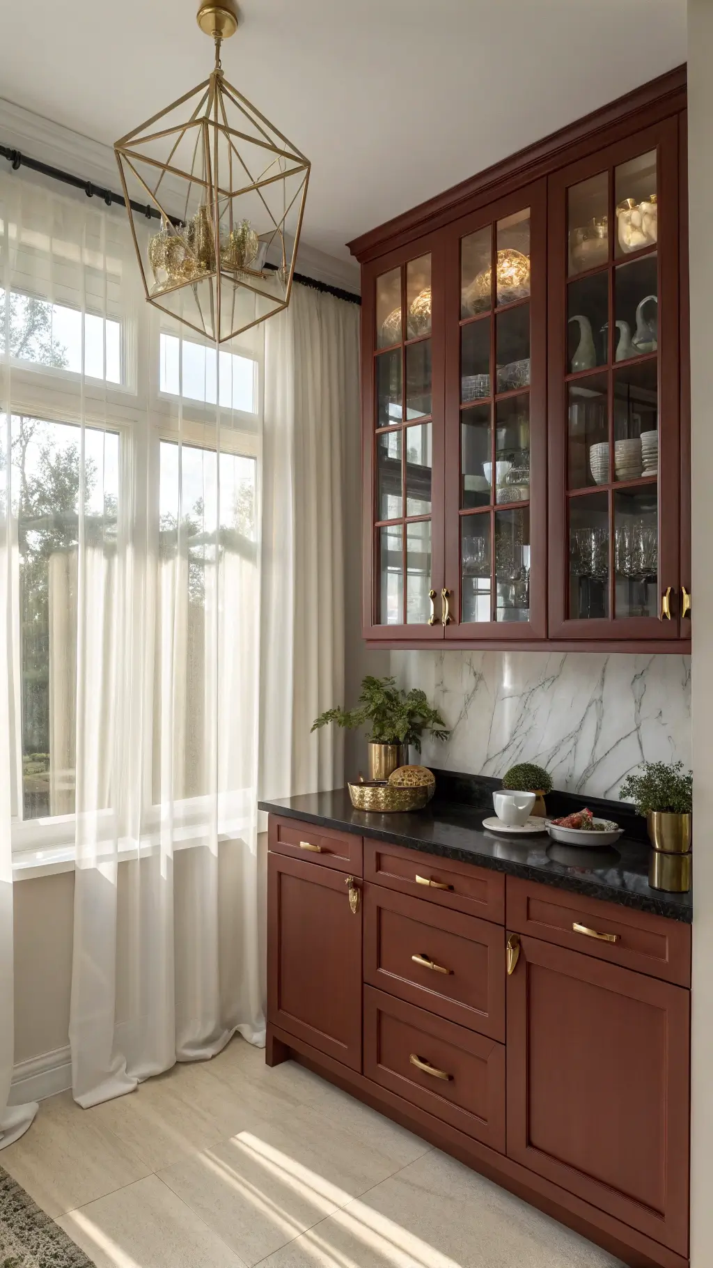 Sophisticated corner kitchen nook bathed in golden hour light, showcasing wine-red cabinets, black granite countertops, and white oak floating shelves adorned with ceramics and plants.