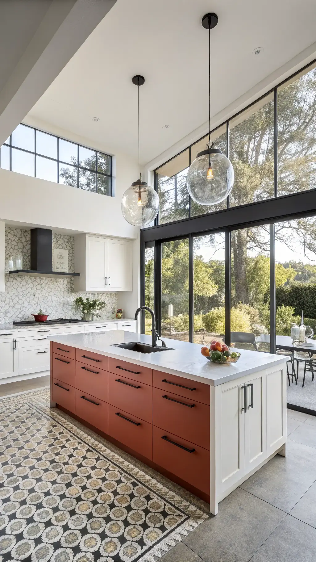 Sunlit modern kitchen with terracotta-red island, white cabinets, quartz countertops, geometric tile flooring, minimalist black hardware, modern globe light fixtures, wall-mounted herb garden, and large windows, styled in a California modern with Mediterranean influences.