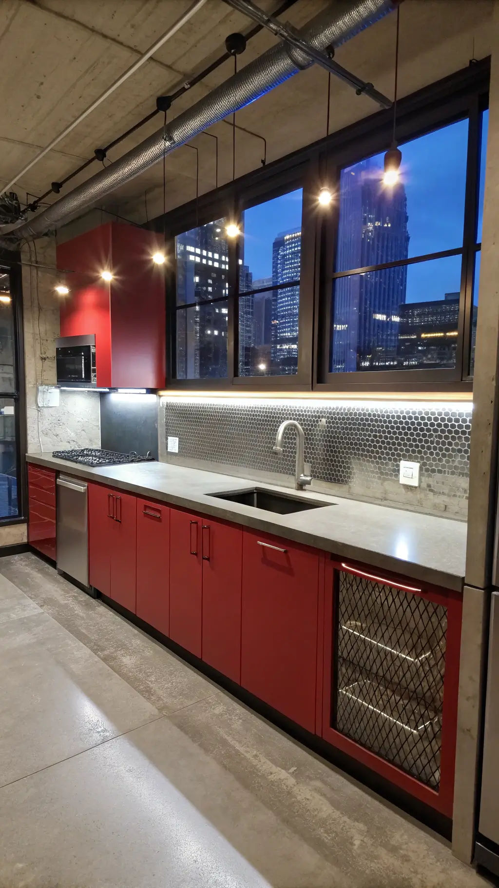 Cherry red upper cabinets with LED lighting in a compact urban kitchen, with polished concrete countertops, stainless steel lower cabinets, and textured metal mesh inserts. Includes under and track lighting, black matte fixtures, exposed ducting, and city lights through industrial windows captured during blue hour.