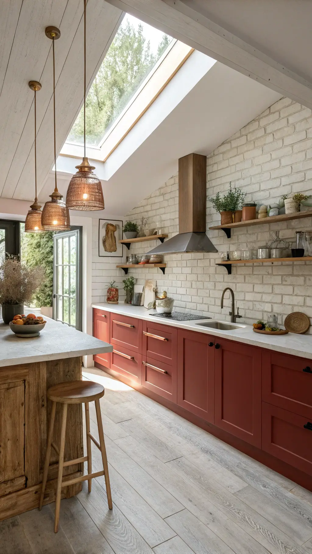 Nordic-style kitchen with rustic red cabinets, whitewashed brick walls, white countertops, bleached oak floors, vintage copper lights, and wooden stools under a breakfast bar, beautifully lit by early morning light from skylights.