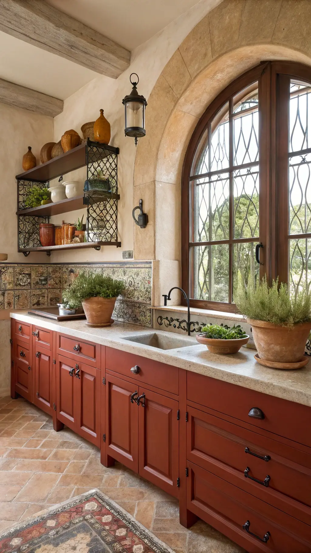 Mediterranean-inspired kitchen with rustic red cabinets, hand-painted tile accents, limestone countertops, wrought iron hardware, and colorful ceramics on open shelving. Fresh herbs in terracotta pots line the windowsills with soft lighting diffusing through arched windows.