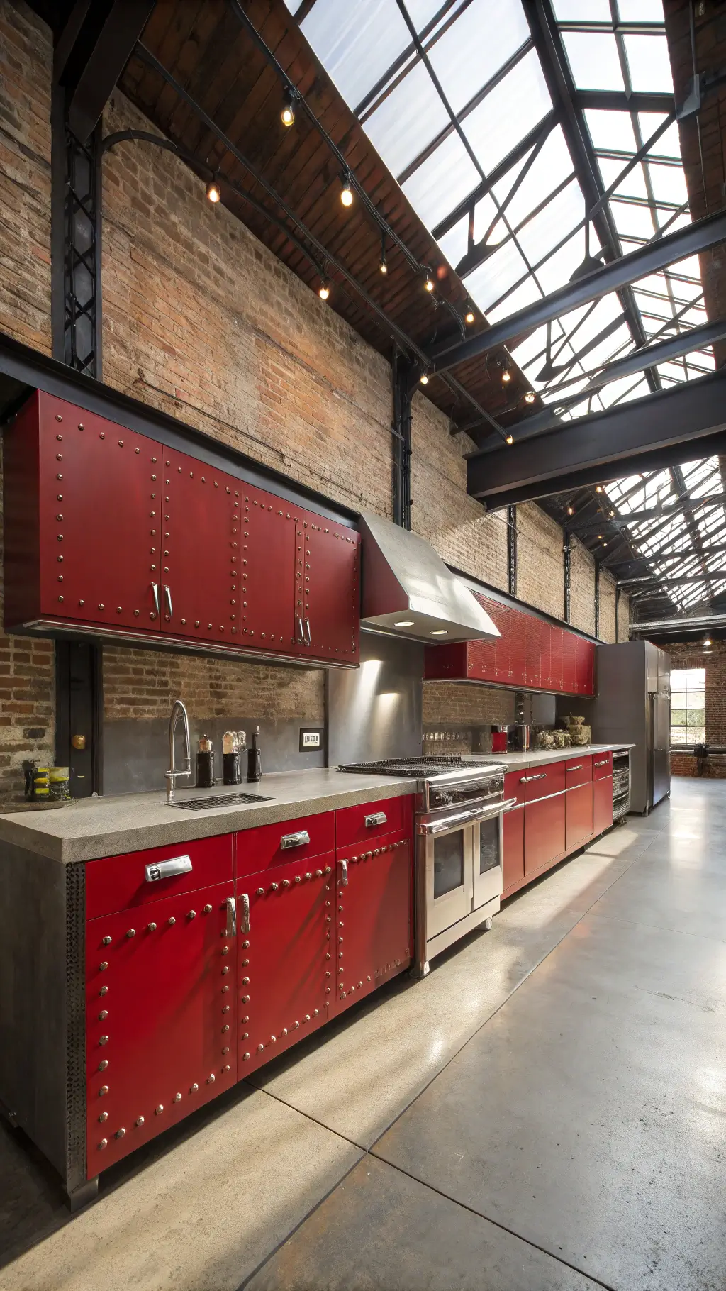 Elevated view of an urban industrial loft kitchen with red metal cabinets, polished concrete countertops, blackened steel backsplash, stainless appliances, exposed brick walls, timber beams, and dramatic skylight illumination.