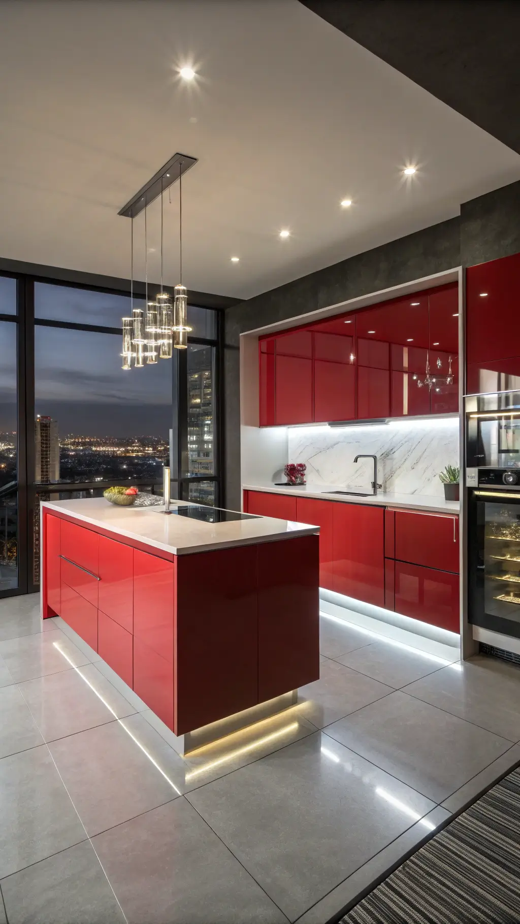 Ultra-modern minimalist kitchen with scarlet lacquered cabinets, charcoal walls, LED lighting, a white quartz waterfall island, chrome fixtures, glass backsplash, and city lights reflecting in floor-to-ceiling windows