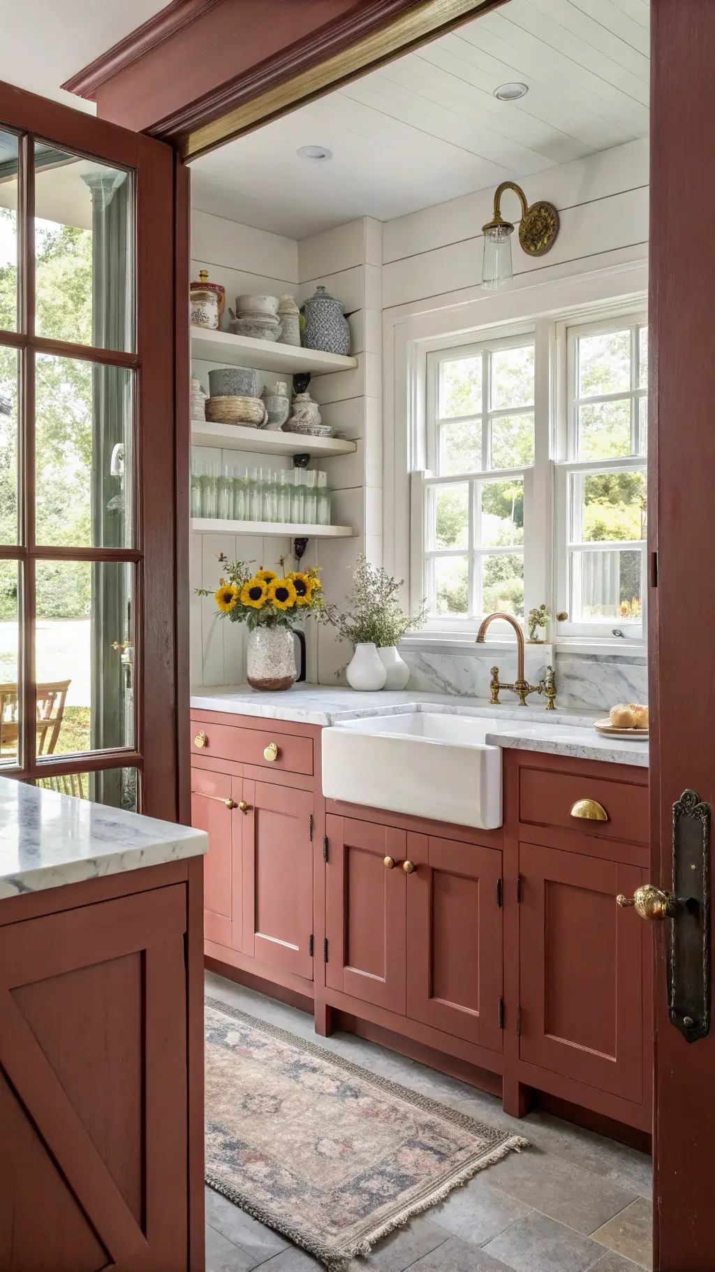 Cozy country cottage kitchen with barn red cabinets, white marble counters, vintage enamelware, and farmhouse sink bathed in morning light