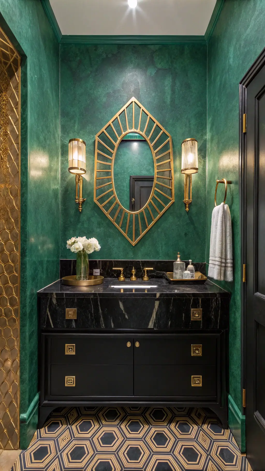 Minimalist emerald and gold bathroom