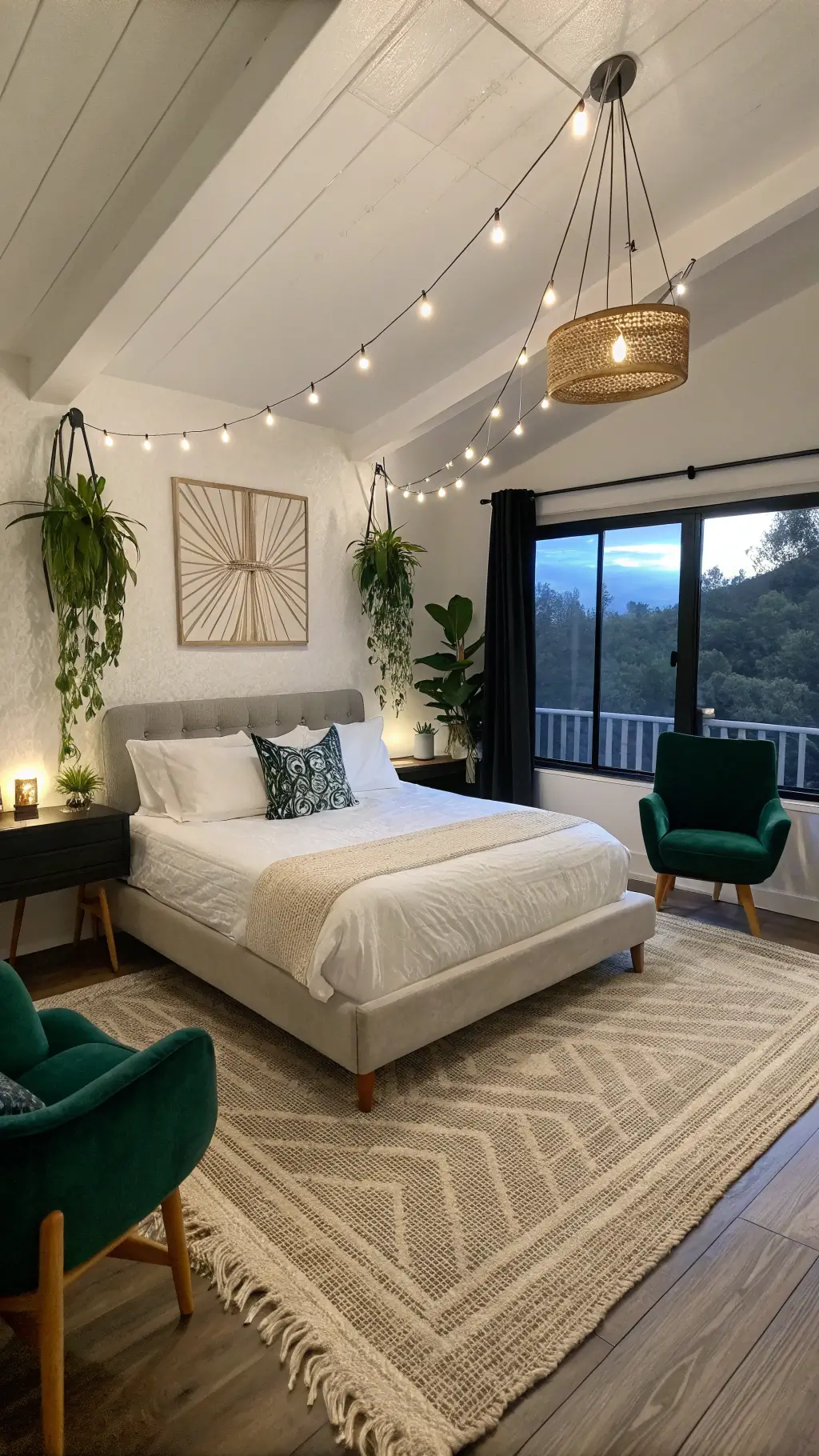 Bohemian bedroom at twilight featuring a platform bed, emerald green accent chairs, macramé hanging plants, and warm LED string lights on ceiling branch.