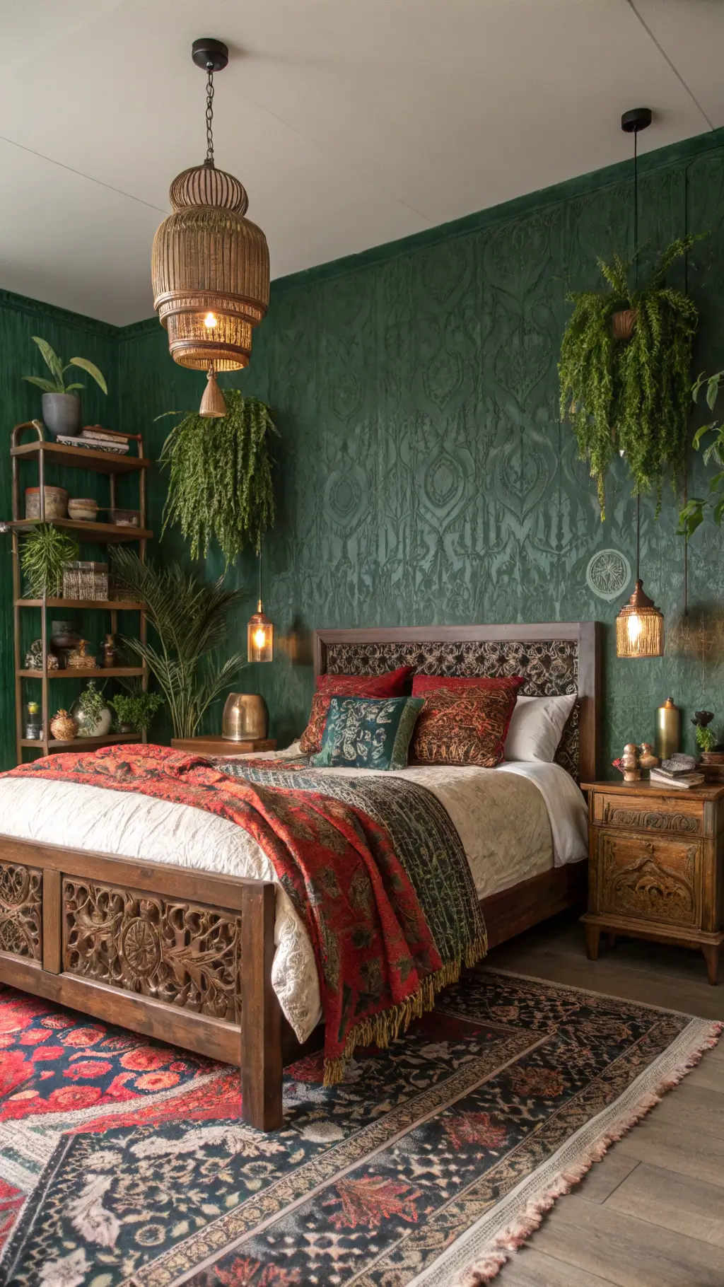 Maximalist bedroom at dusk with emerald grasscloth wallpaper, wooden carved bed, global textiles, brass ceramics, plants, vintage Persian rug, and Moroccan pendant lamps.