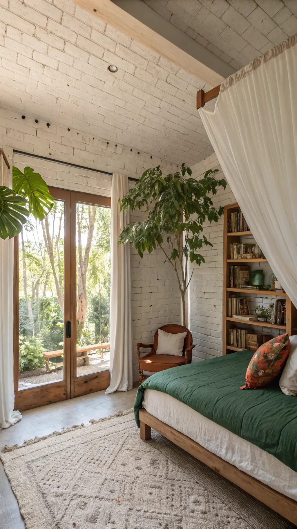 Bright, sunlit bedroom with whitewashed brick walls, green reading nook with leather armchair, linen canopy bed with emerald and terra cotta pillows, fiddle leaf fig trees by tall windows, and handwoven wall tapestry.