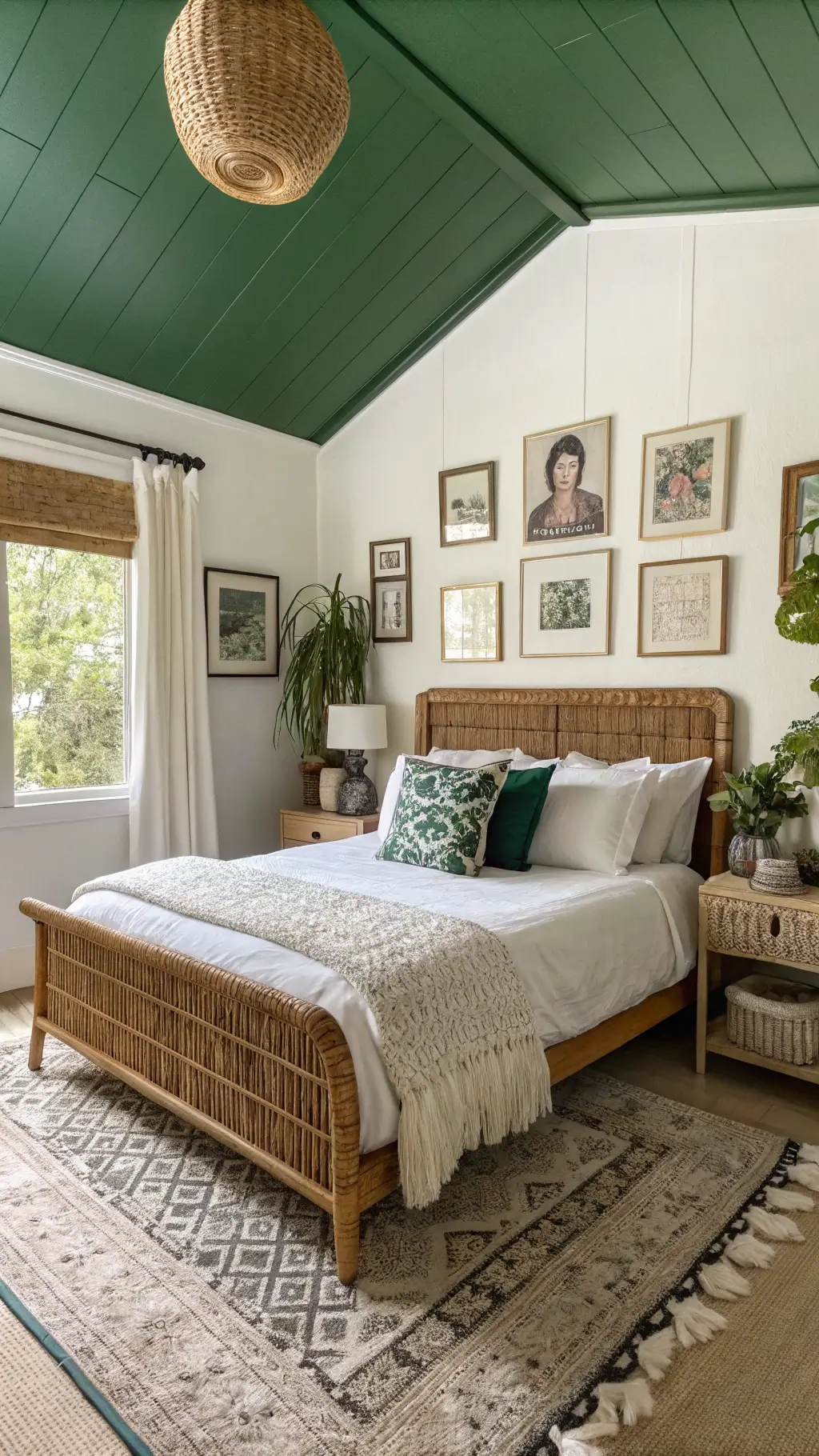 Boho sanctuary bedroom with emerald green ceiling, cream walls, rattan bed, white linens, botanical wall art, meditation corner, sheepskin throws, and woven floor cushions.