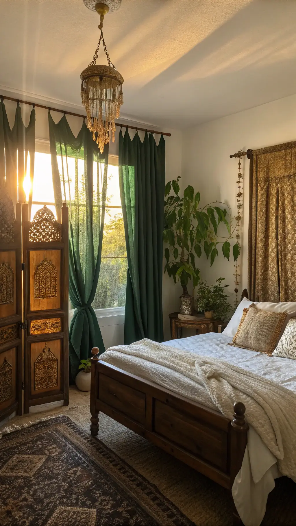 Sunset light filtering through emerald green silk curtains in an eclectic bedroom with vintage wooden bed, colorful pillows, macramé plant hangers, carved wooden screen, and antique brass mirror.
