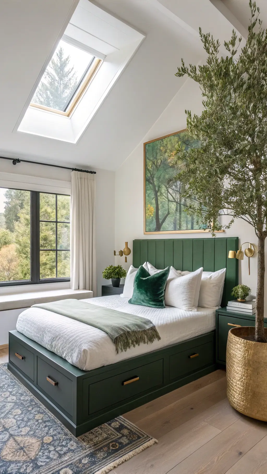 Contemporary bedroom with platform bed, minimalistic white bedding, emerald lumbar pillow, emerald green window seat with leather cushions, brass reading sconces, abstract green and gold canvas, and olive tree in matte black planter.