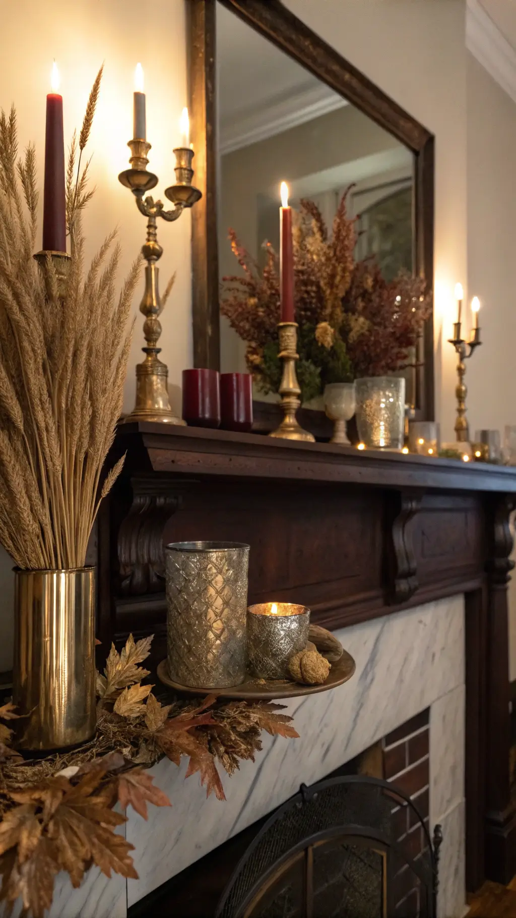 Dramatic mantel with mercury glass containers, dried wheat stalks, preserved maple leaves, brass candlesticks, and burgundy tapers in jewel tones