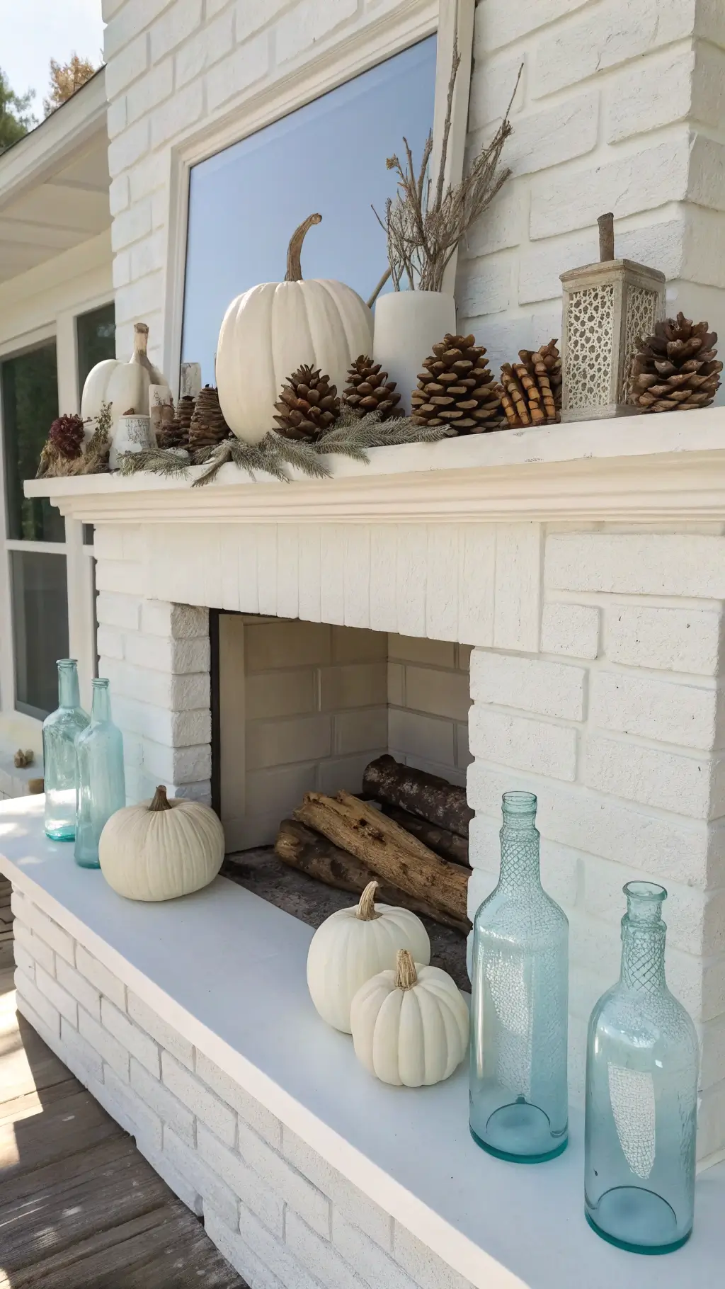 Contemporary coastal mantel with white ceramic pumpkins, driftwood, blue glass vessels, preserved eucalyptus, and bleached pine cones