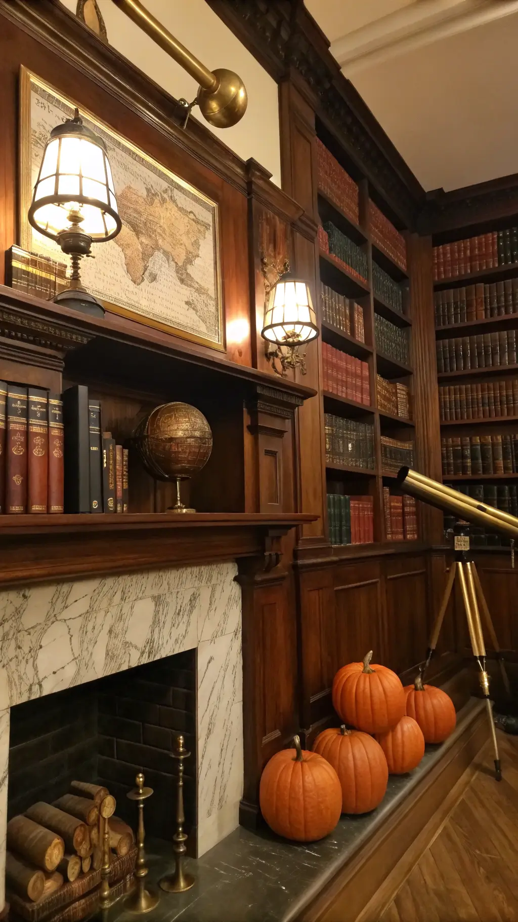 Traditional library mantel with mahogany wood, leather-bound books, copper vessels, velvet pumpkins, vintage maps, and brass telescope