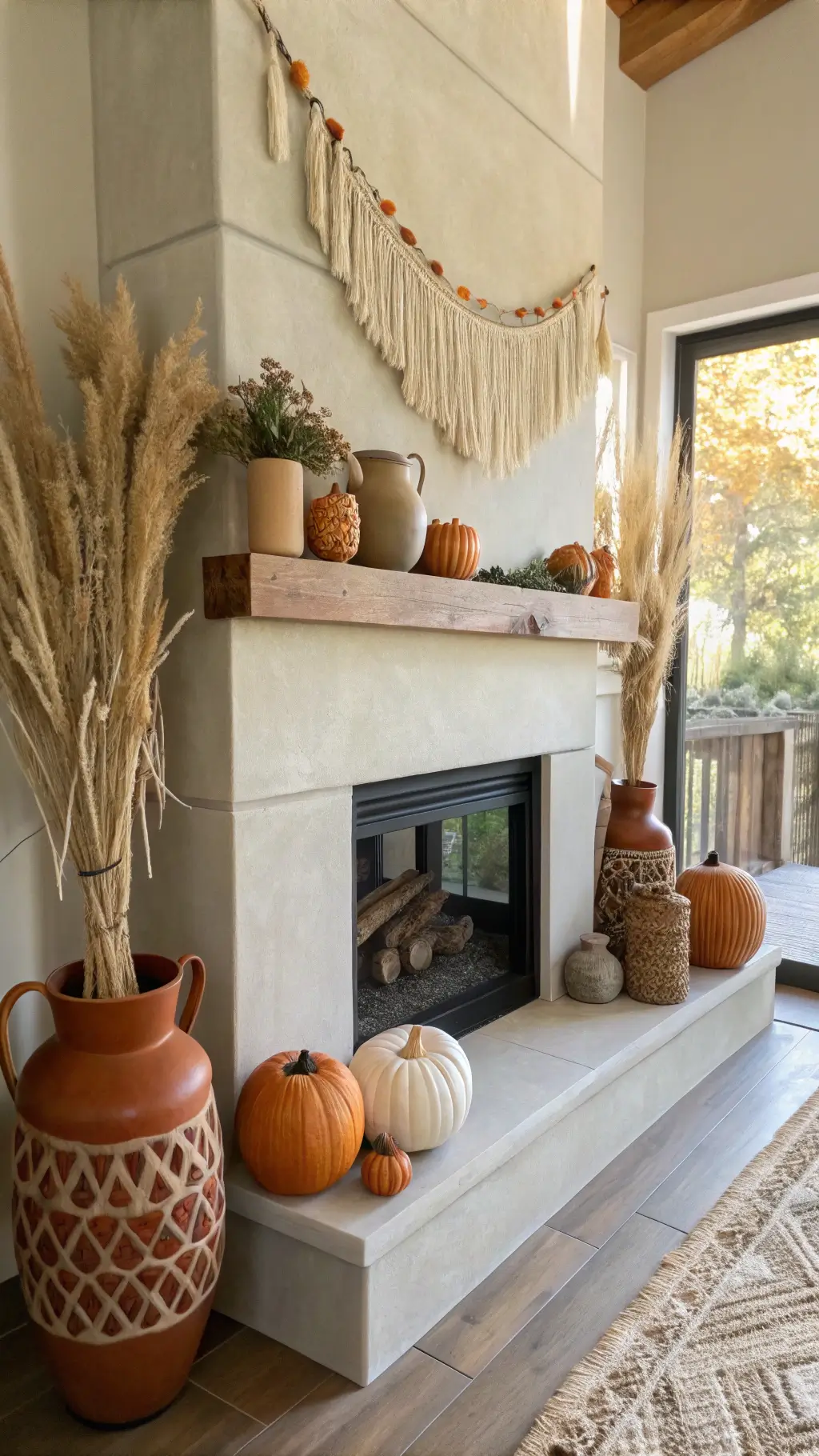 Bohemian mantel decor with terra cotta vessels, macramé garland, dried pampas grass, ceramic pumpkins, and hand-thrown pottery on a concrete fireplace
