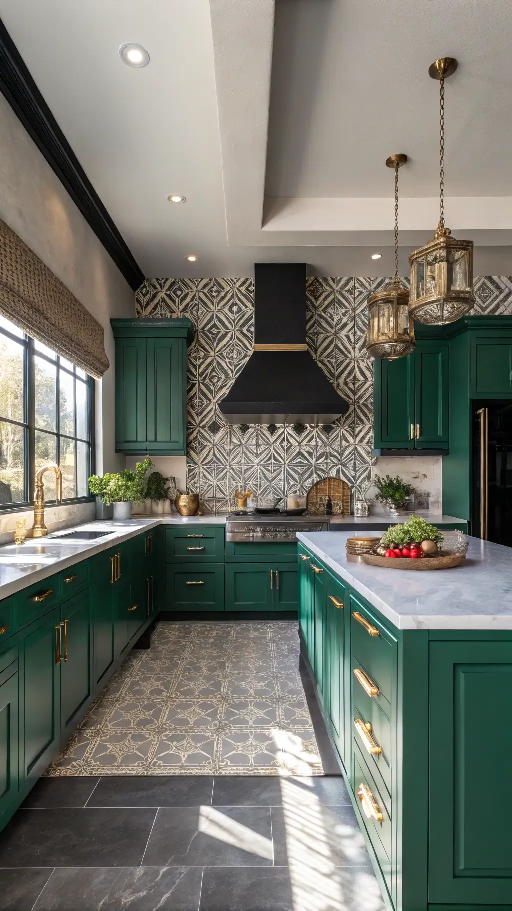 Eclectic kitchen with green cabinets and Moroccan tile backsplash