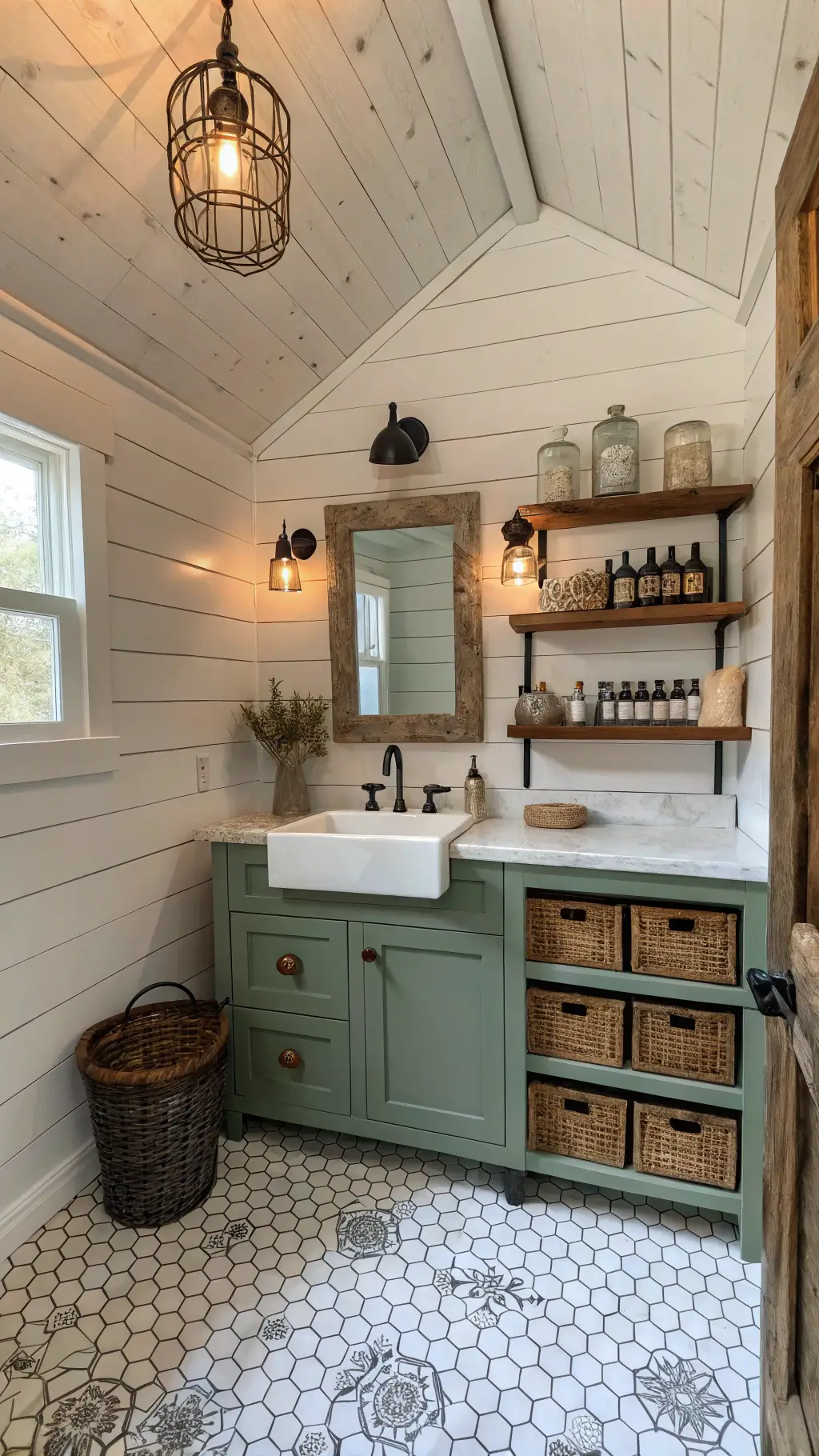 Rustic vintage bathroom with reclaimed wood shelves and sage green vanity