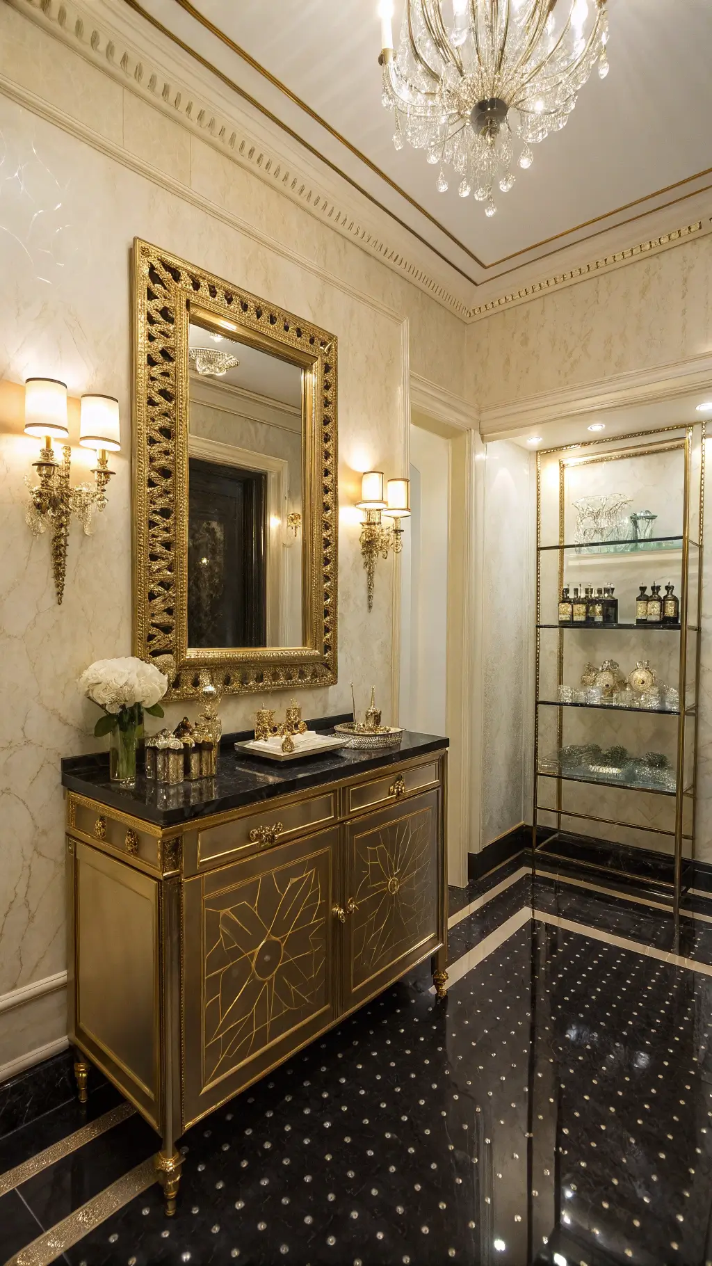 Vintage bathroom accessories including ornate mirror and glass jars