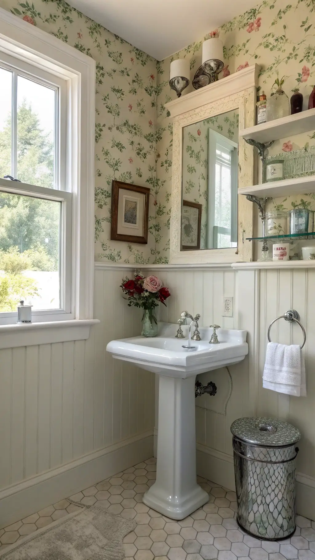 Well-lit vintage small bathroom with smart storage