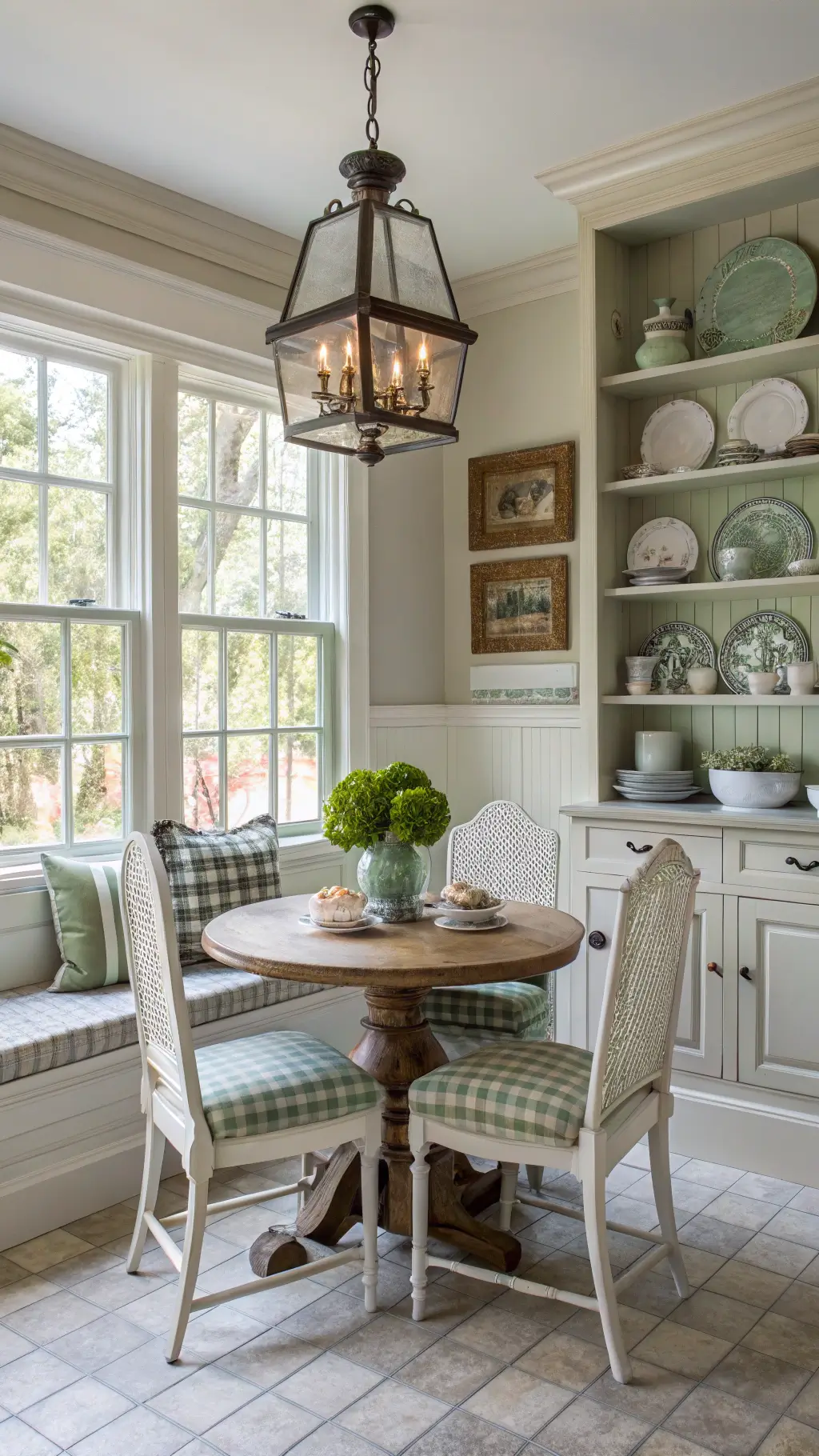 Breakfast nook bathed in morning light with Windsor-back chairs, round pedestal table, iron chandelier, vintage kitchenware on open shelving, and large windows with natural linen Roman shades.