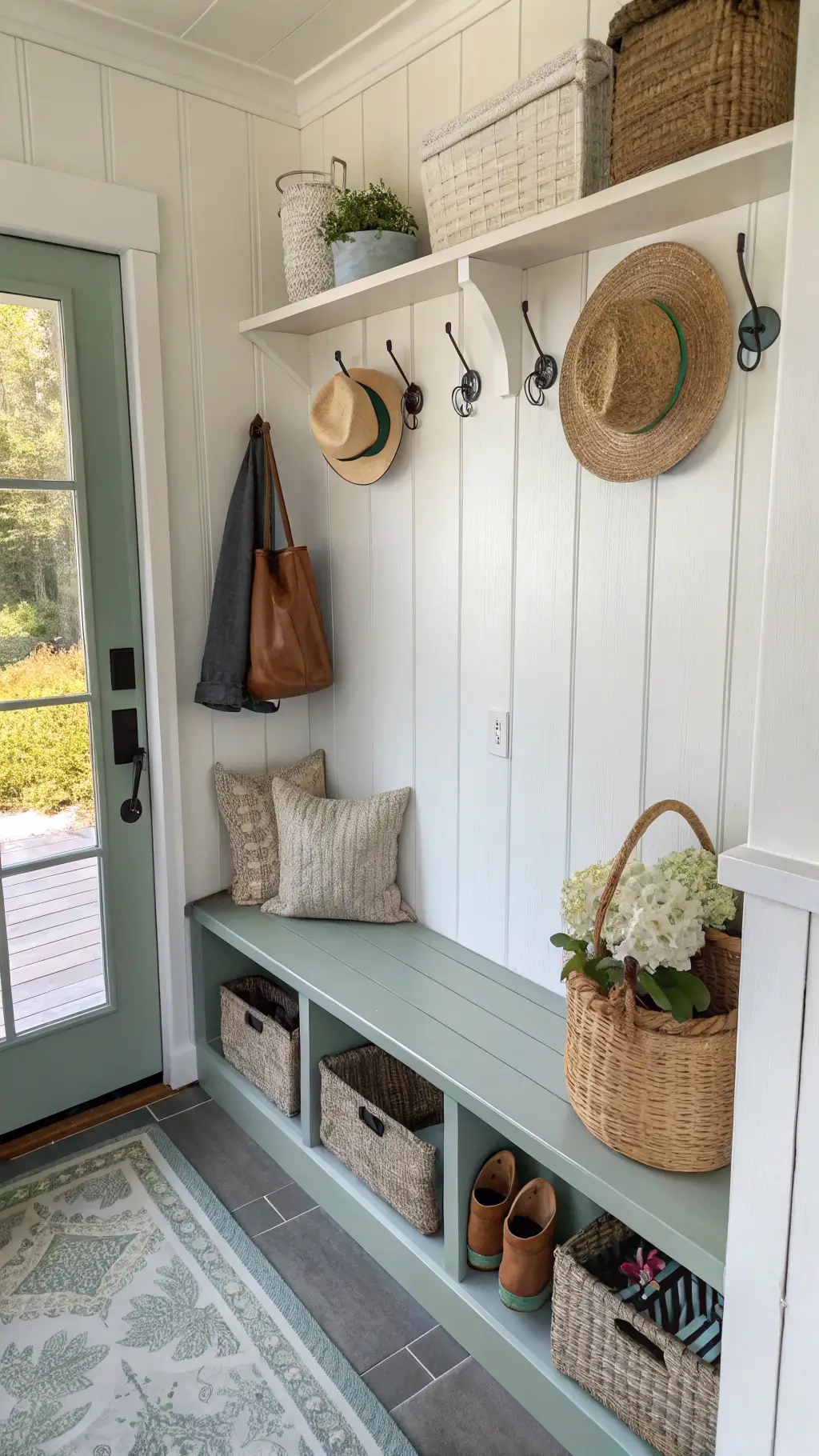 Bright mudroom with white shiplap walls, built-in bench, vintage hooks, straw hats and bags, weathered boot tray, garden shoes, wire baskets, metal containers, dried hydrangeas, sisal runner, sage green Dutch door.