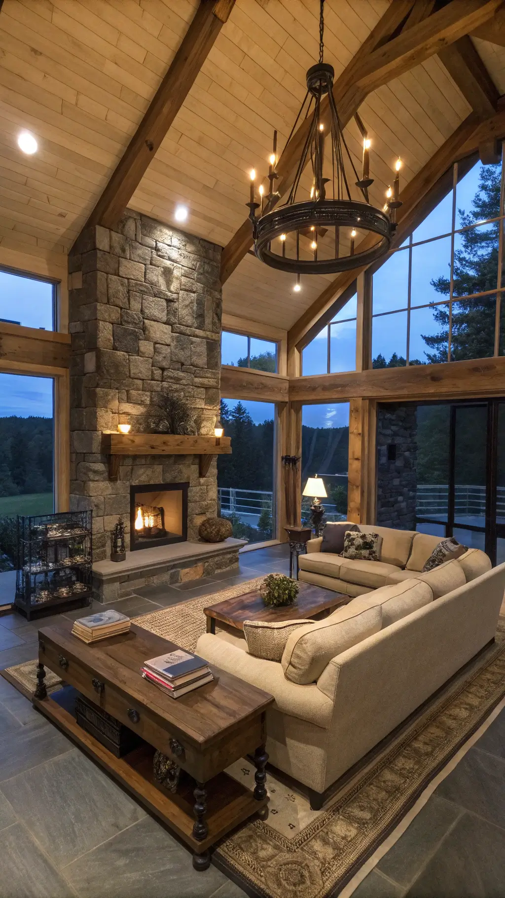 Great room with twilight lighting, stone fireplace, natural linen sectional, leather ottoman, vintage books on industrial cart coffee table, ambient iron chandelier and floor lamps.