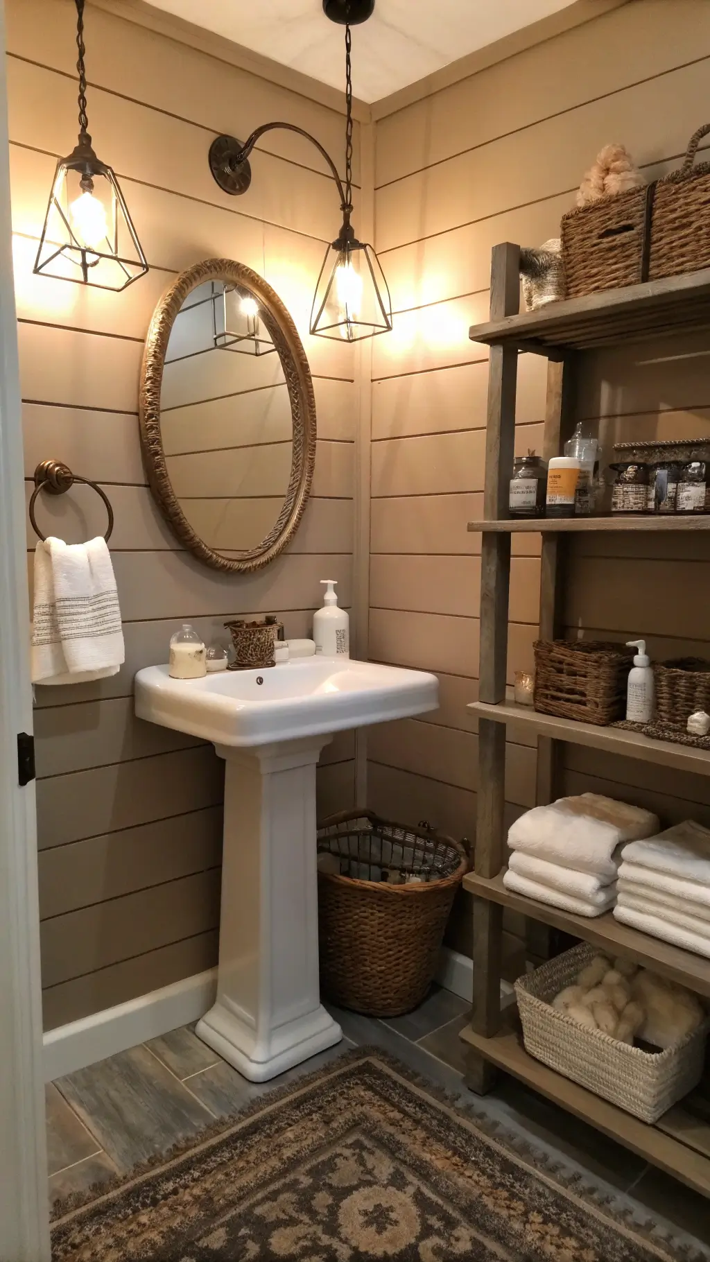 Cozy powder room with taupe shiplap walls, pedestal sink, round rope-detailed mirror, open shelving with towels and apothecary bottles, copper sconces, braided jute rug on slate floor.