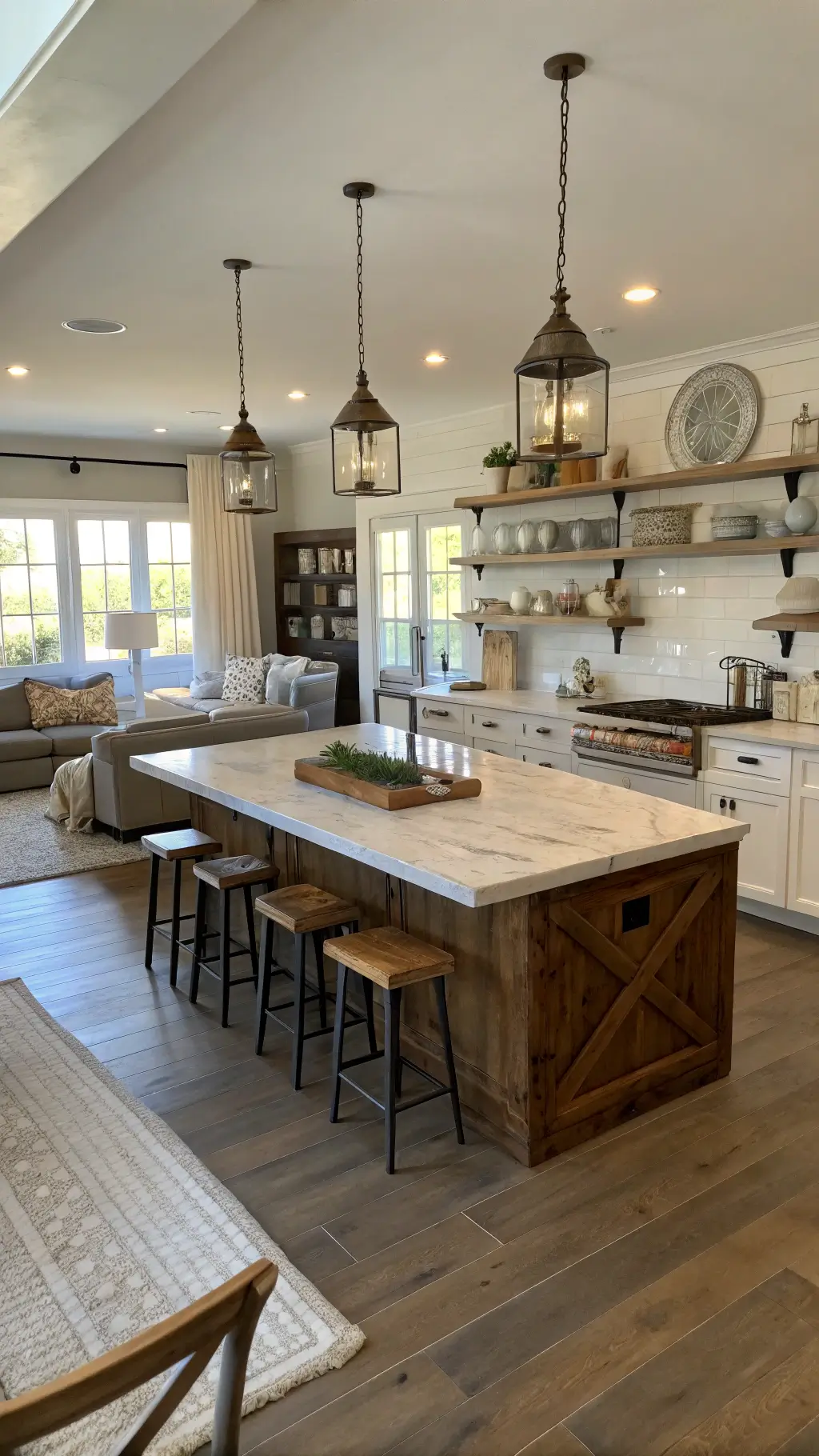 Open-concept kitchen and living area illuminated by dawn light, featuring marble island, industrial stools, open shelving with ironstone collection, slipcovered furniture, and vintage trunk coffee table.
