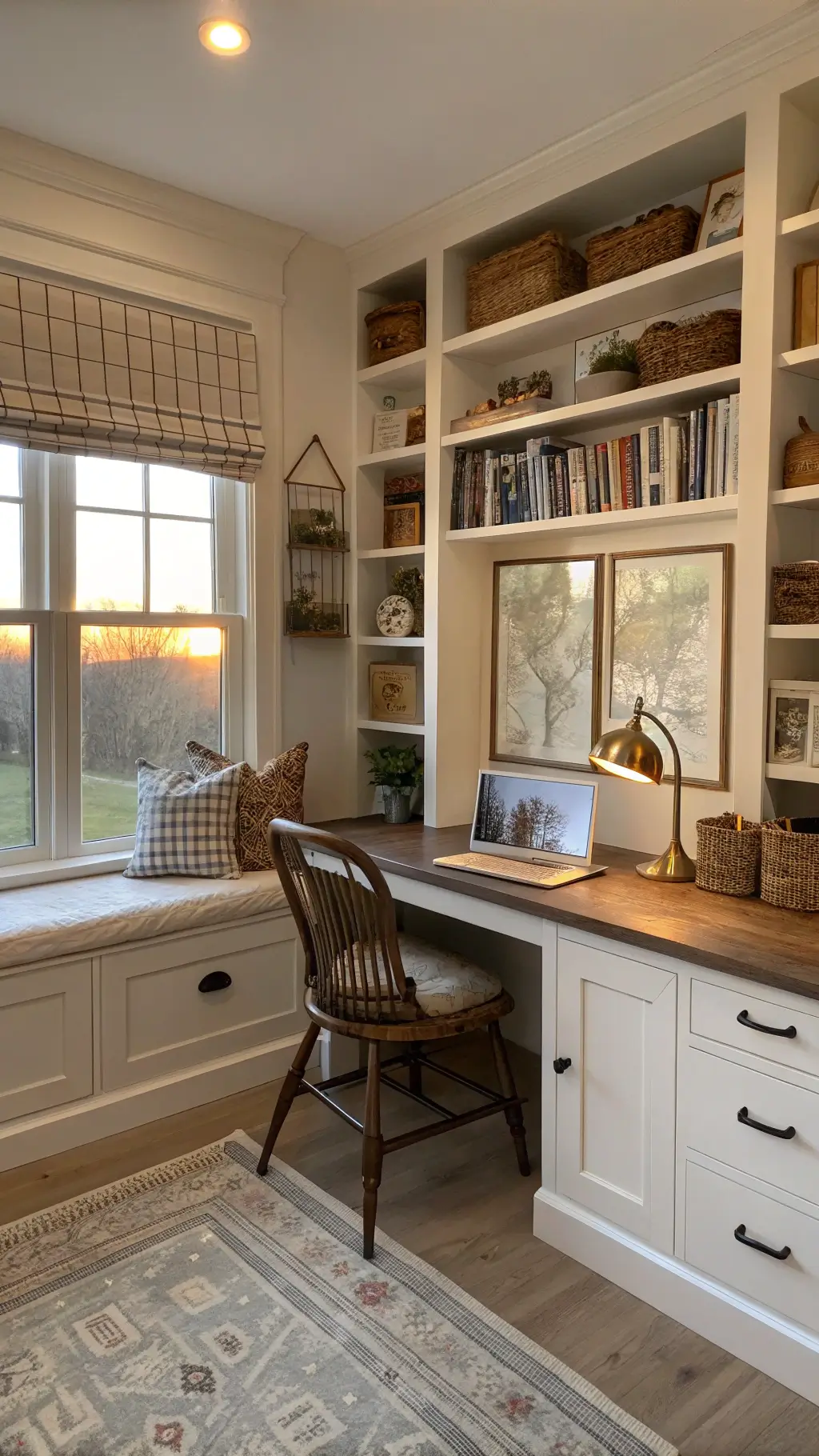 Cozy home office at golden hour with warm white bookshelves, farmhouse desk, Windsor chair, buffalo check cushions on window seat, brass task lamp, vintage maps on wall, and organized wire baskets.