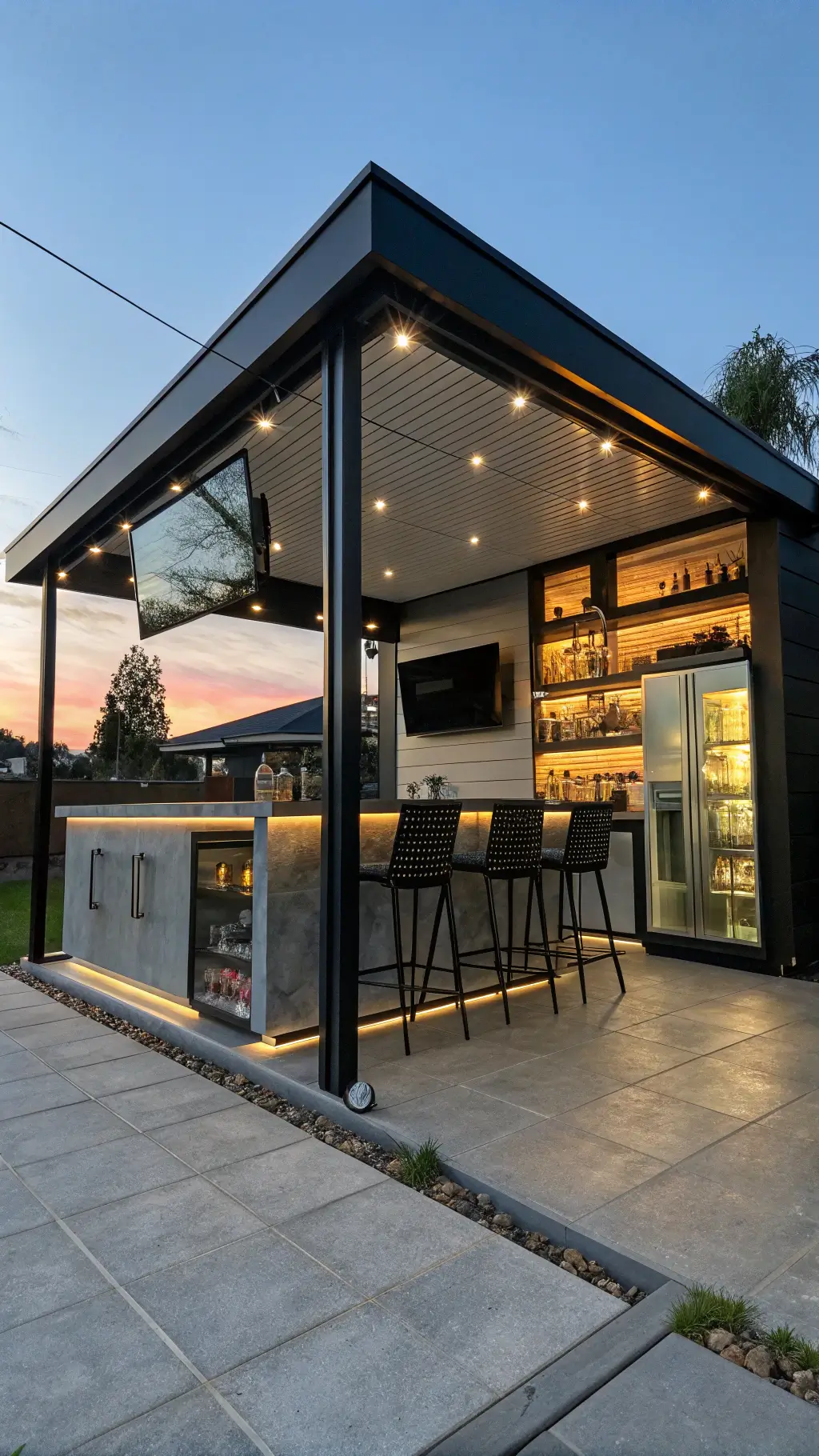 Contemporary aluminum bar gazebo with LED lighting and industrial-style stools